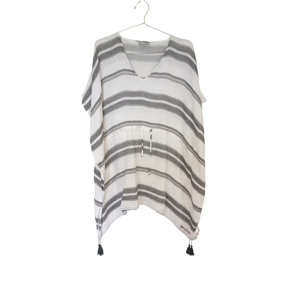 Life is Good Womens White Grey Striped Cotton Gauze Kaftan Cover Up‎ M/L